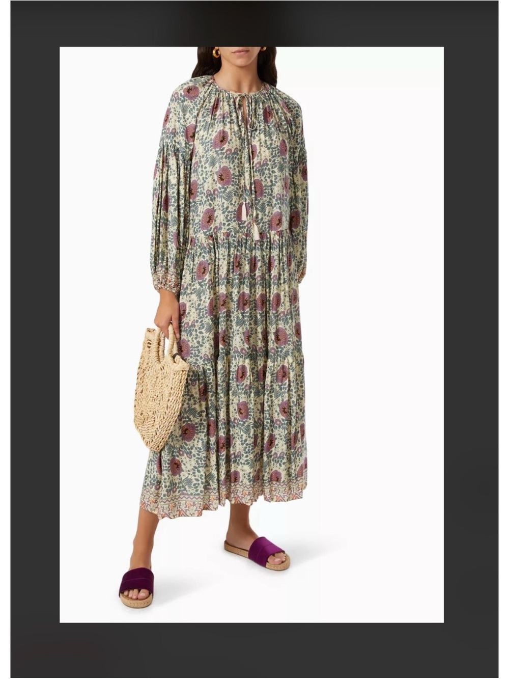 Natalie Martin Dress Floral Long Sleeve Tiered Midi in Sage and Mauve